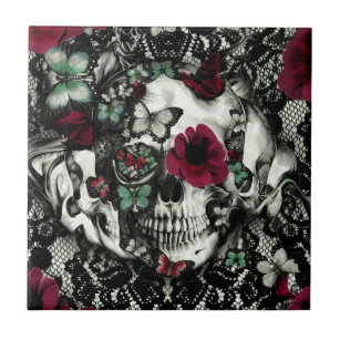Victorian gothic lace skull with red accents tile