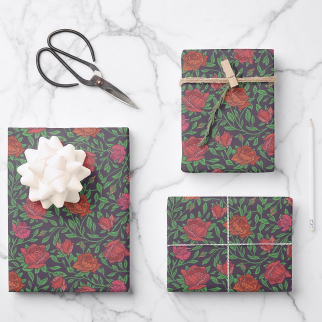 Victorian Gothic Perfect Red & Fuchsia Roses Wrapping Paper Sheet (Front)