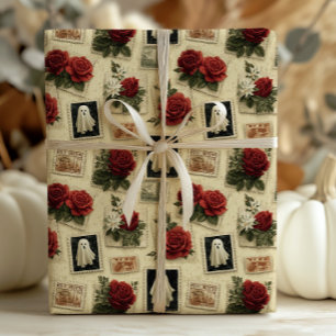 Victorian Gothic Postage Stamp Ghost & Red Roses Wrapping Paper