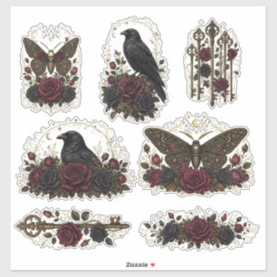 Victorian Gothic Raven Moth Keys Burgundy Roses 