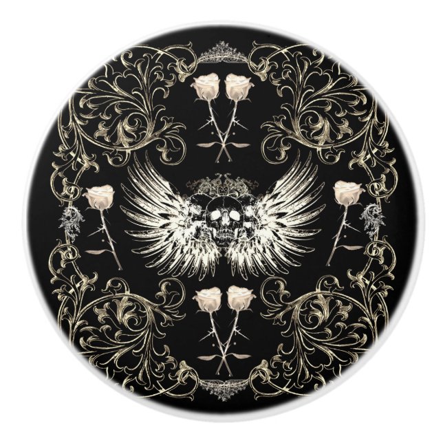 Victorian Gothic Romance Skull Wings & White Roses Ceramic Knob (Front)