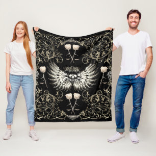 Victorian Gothic Romance Skull Wings & White Roses Fleece Blanket