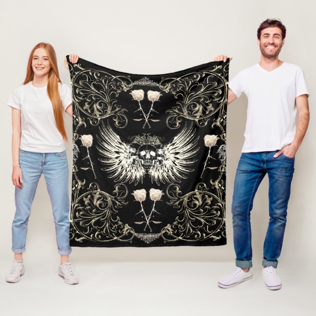 Victorian Gothic Romance Skull Wings & White Roses Fleece Blanket (In Situ)