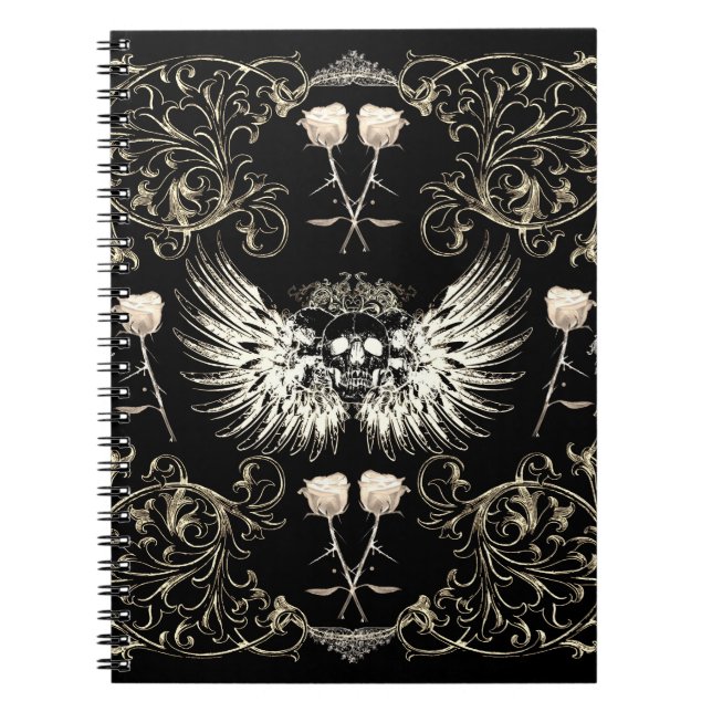Victorian Gothic Romance Skull Wings & White Roses Notebook (Front)