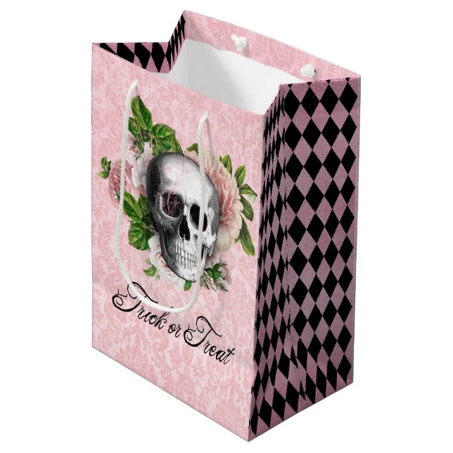 Victorian Gothic Skull with Roses | Trick or Treat Medium Gift Bag (Front Angled)