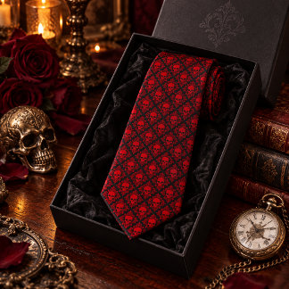 Victorian Gothic Skulls Red Black Vintage Tie