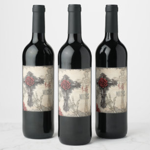 Victorian Gothic Styled Rose and Cross Wine Label