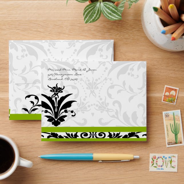 Victorian Green Black Damask Wedding Envelopes (Desk)