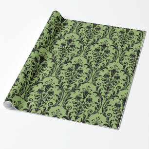 Victorian Green & Black Floral Swirl Damask Wrapping Paper