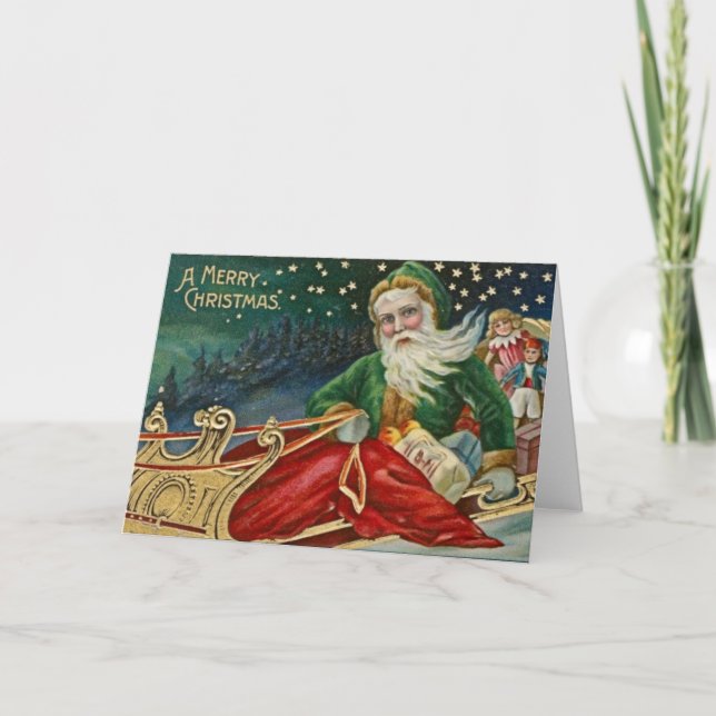 Victorian Green Santa Holiday Card (Front)