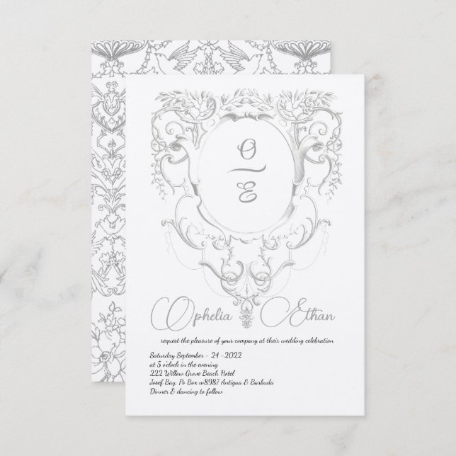 Victorian Grey Monogram crest wedding Invitation (Front/Back)