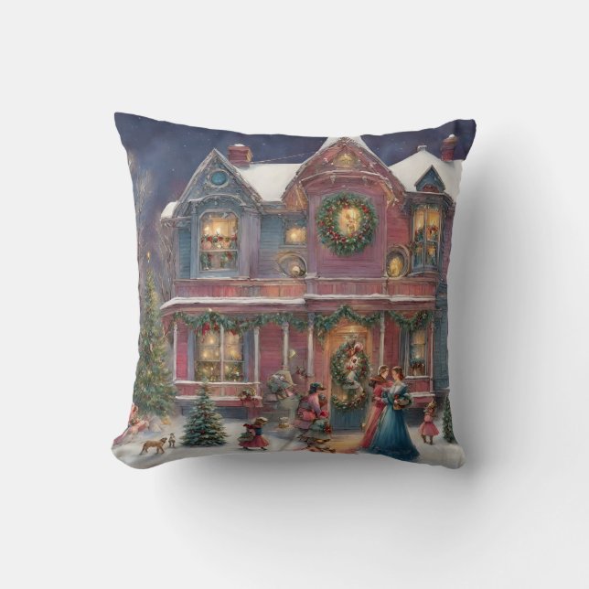 Victorian House, Ladies, Children on Christmas Eve Cushion (Front)