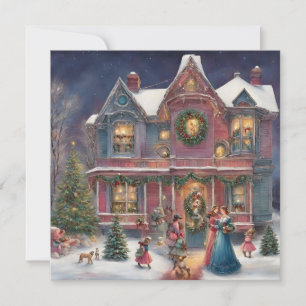 Victorian House, Ladies, Children on Christmas Eve Holiday Card