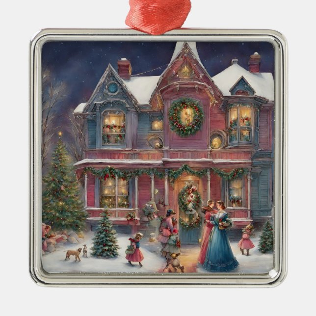 Victorian House, Ladies, Children on Christmas Eve Metal Ornament (Front)