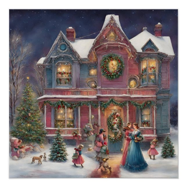 Victorian House, Ladies, Children on Christmas Eve Poster (Front)