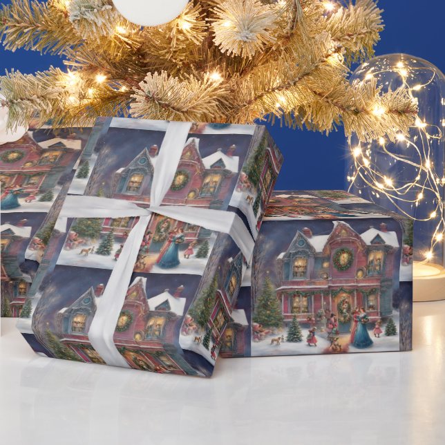Victorian House, Ladies, Children on Christmas Eve Wrapping Paper (Holidays)