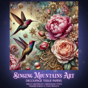 Victorian Hummingbird & Pastel Rose Decoupage Tissue Paper