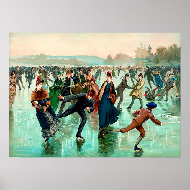 Victorian ice skating vintage winter scene poster (Front)