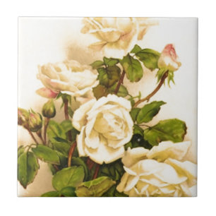 Victorian Ivory Rose Painting Ceramic Tile