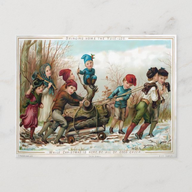 Victorian Kids Bringing Home the Yule Log Postcard (Front)