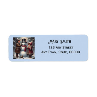 Victorian Kids Building A Snowman Custom Christmas Return Address Label