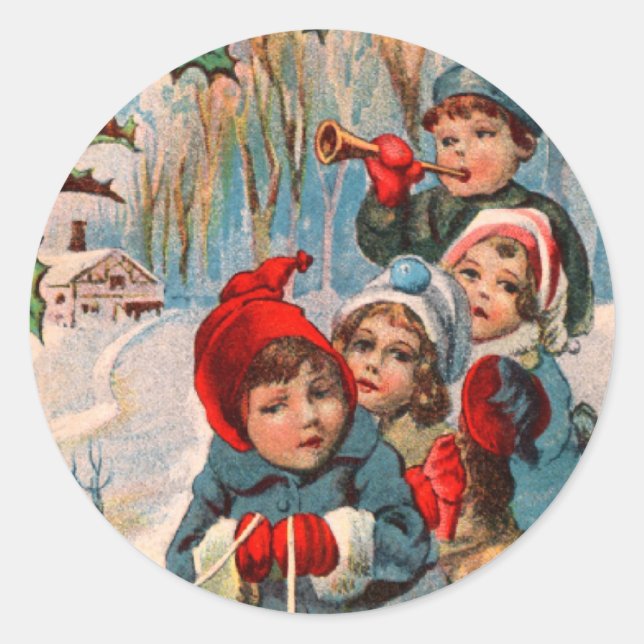 Victorian Kids Sledding Christmas Stickers (Front)