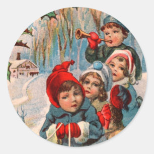 Victorian Kids Sledding Christmas Stickers