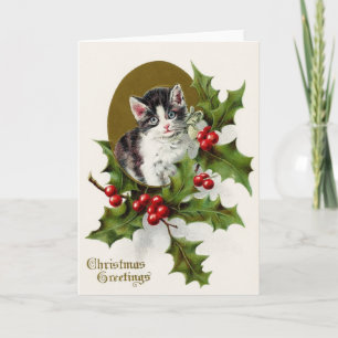 Victorian Kitten and Holly Christmas Greeting Card
