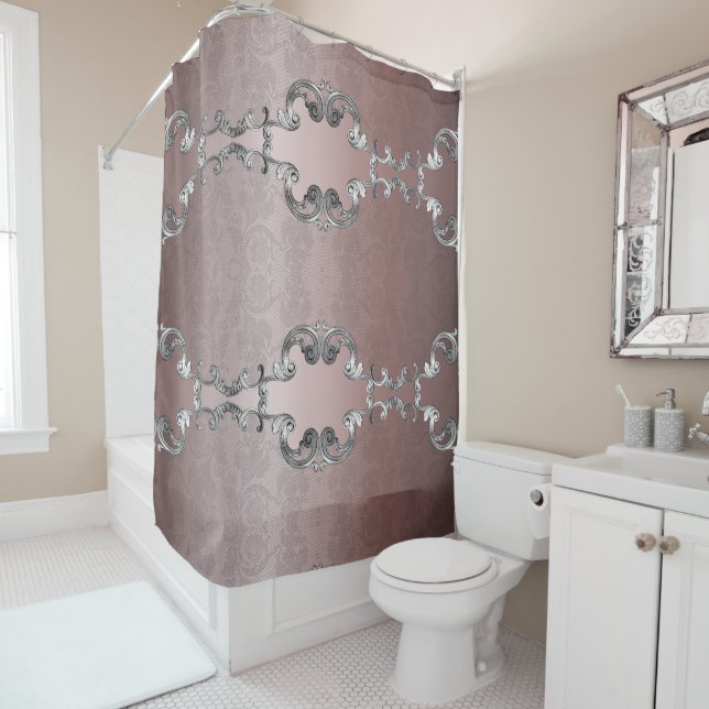 Victorian Lace and Satin | Silver Ornament on Pink Shower Curtain (In Situ)