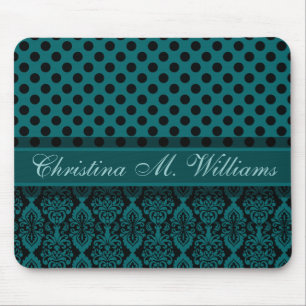 Victorian Lace Black Teal Damask Polka Dot Pattern Mouse Pad