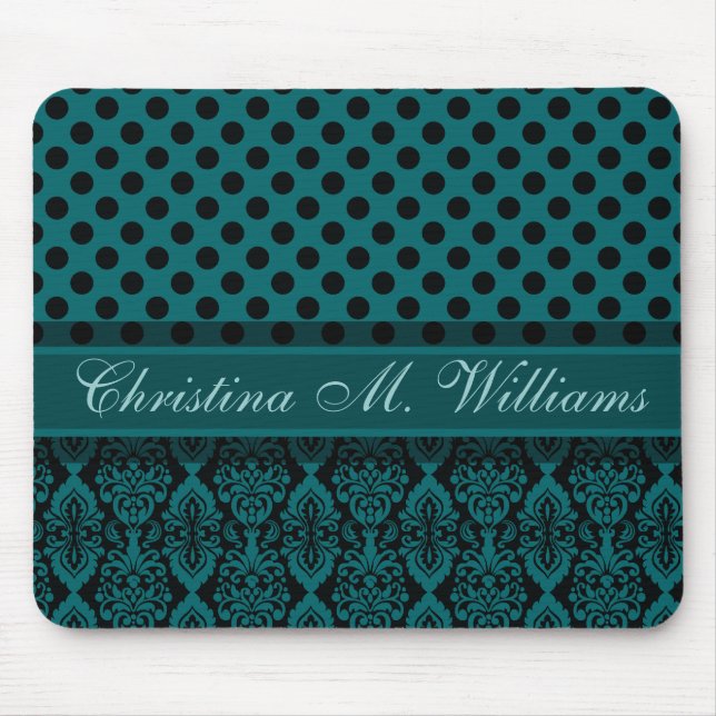 Victorian Lace Black Teal Damask Polka Dot Pattern Mouse Pad (Front)