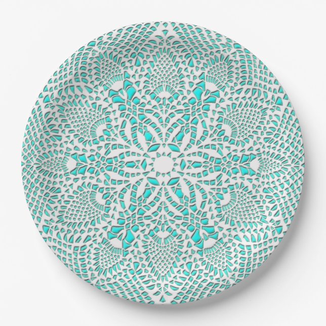 Victorian Lace Doily Turquoise Background Paper Plate (Front)
