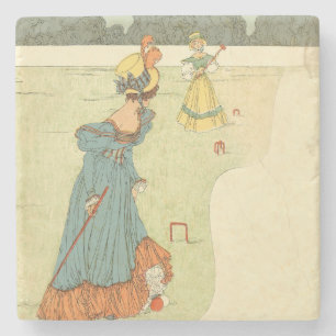 Victorian Ladies Croquet Vintage Garden Party Stone Coaster