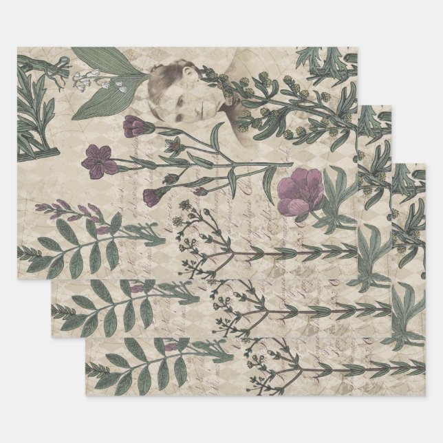 Victorian Lady and Flowers Wrapping Paper Sheet (Set)
