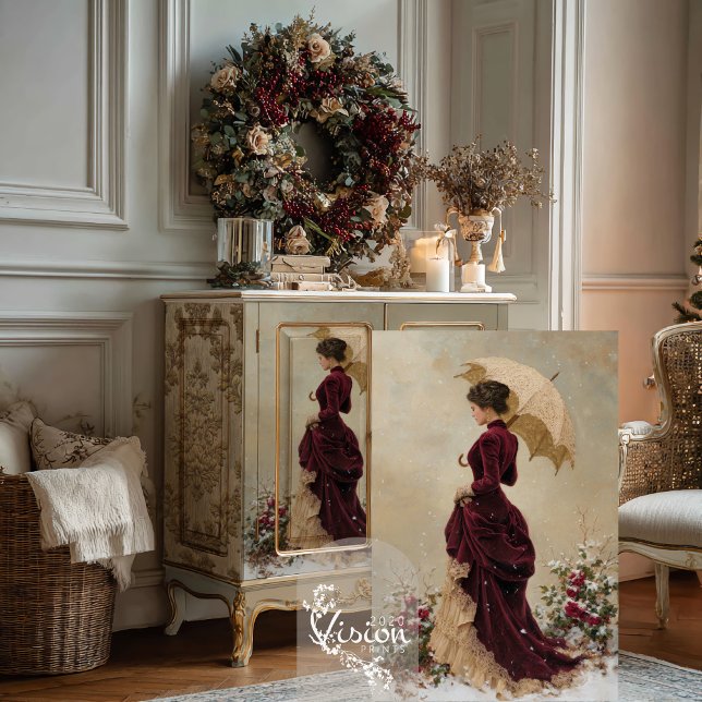 Victorian Lady Christmas Decoupage Tissue Paper (Victorian lady print displayed against cream cabinet showing burgundy gown and parasol in detail)