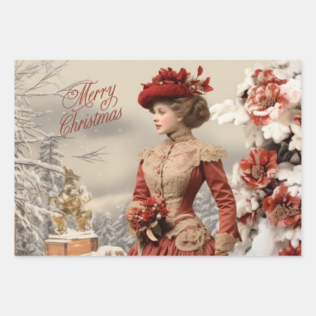 Victorian Lady Christmas  Wrapping Paper Sheet (Front)