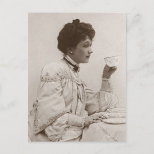 Victorian lady drinking tea, black and white photo postcard
