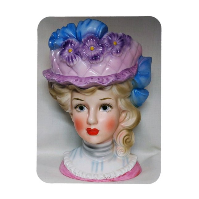 Victorian Lady Head Vase Pink & Purple Floral Hat  Magnet (Vertical)