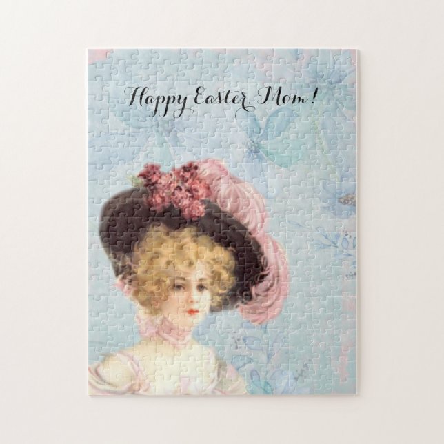 Victorian Lady in Feathered Hat Pink Roses Easter Jigsaw Puzzle (Vertical)