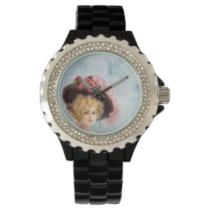 Victorian Lady in Hat Rhinestone Black Enamel Watch
