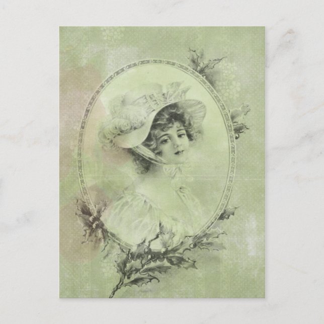 Victorian Lady in Hat Verdigris Green Postcard (Front)