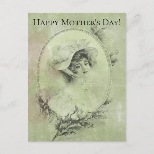 Victorian Lady in Hat Verdigris Green Postcard