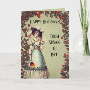 Victorian Lady in the Red Rose Garden with Fan Holiday Card