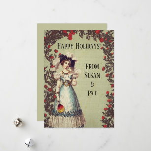 Victorian Lady in the Red Rose Garden with Fan Holiday Card