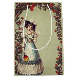 Victorian Lady in the Red Rose Garden with Fan Medium Gift Bag