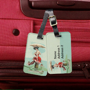 Victorian Lady Umbrella Ocean Red bathing Suit Luggage Tag