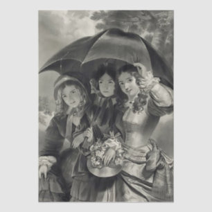 Victorian lady umbrella rainy day black & white tissue paper