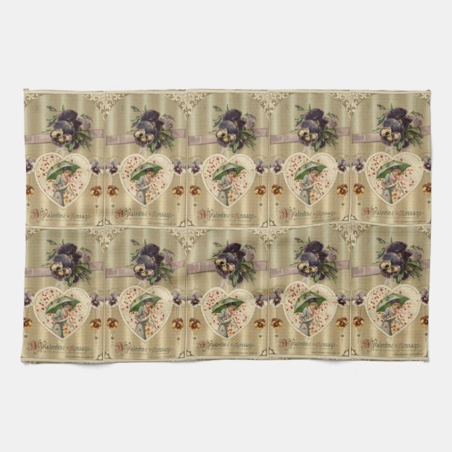 Victorian Lady Vintage Flowers Valentine Heart Tea Towel (Horizontal)