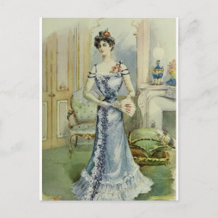 Victorian Lady–Vintage French Fashion – Blue Dress Postcard