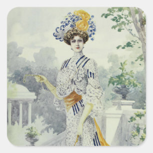 Victorian Lady–Vintage French Fashion–White Dress Square Sticker
